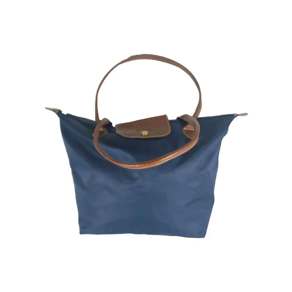 Longchamp Le Pilage Blue Brown Nylon Leather Top Handle Tote Bag Purse Handbag